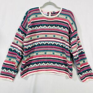 Ashley Hand‎ Embroidered Women Sweater XL Pink Teal Striped Knit Vintage